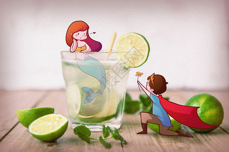 柠檬水果汁小王子与美人鱼创意摄影插画插画