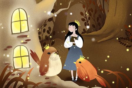 公主和小鸟秋天里的童话插画