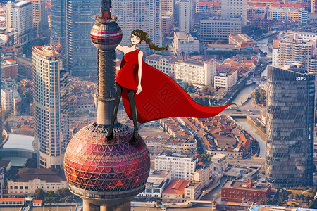 上海航拍滴水湖摩天大厦女巨人插画