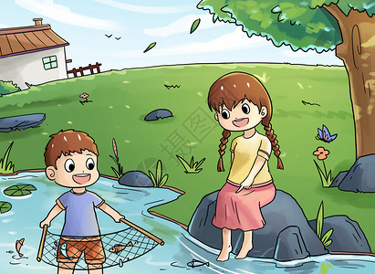 捞鱼收回童年回忆插画