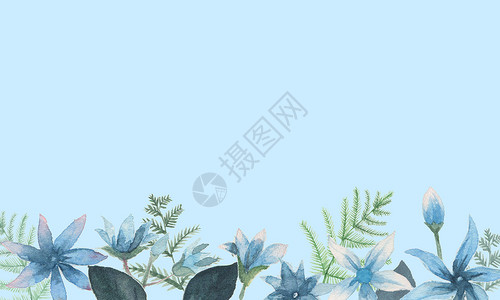 边框蓝色树叶水彩手绘植物海报背景插画