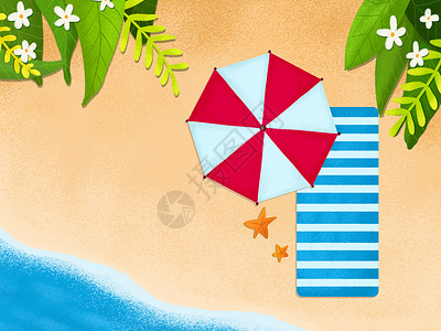 海滩躺椅太阳伞沙滩背景插画
