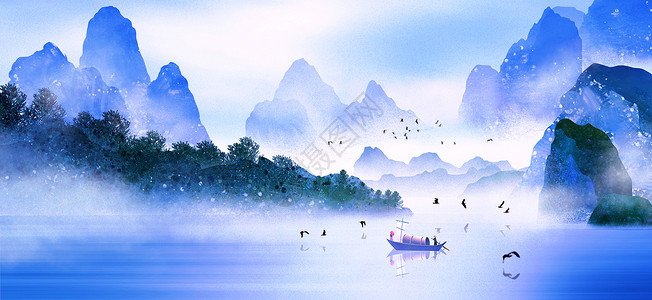 鸟黑白中国风水墨山水画插画