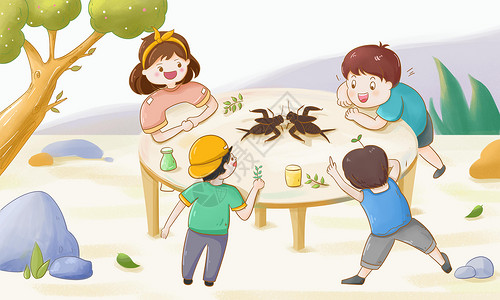 小学生昆虫观察斗蟋蟀的小孩插画