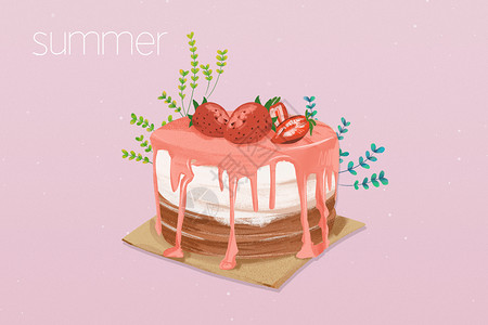红颜奶油草莓抹茶蛋糕插画