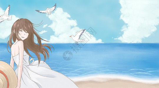 美女大海海边夏日度假插画