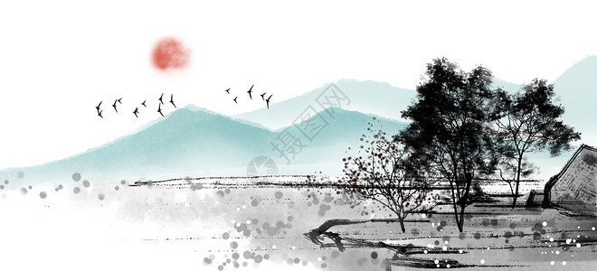 写生鸟中国风山水背景插画