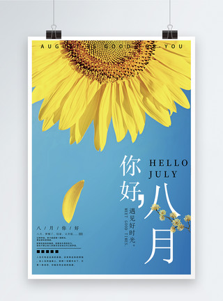 一束向日葵你好八月海报模板
