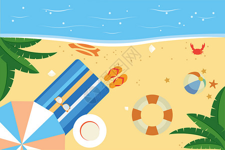 螃蟹与椰子树夏天海边沙滩插画