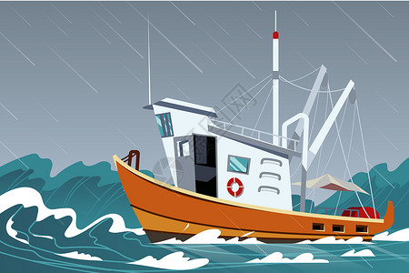 海上的船只夏季自然现象海上大雨插画