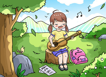 自然和音乐出游的小女孩插画