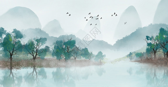鸟的剪影中国风水墨山水画插画