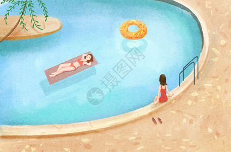 躺泳圈上女孩夏季游泳插画