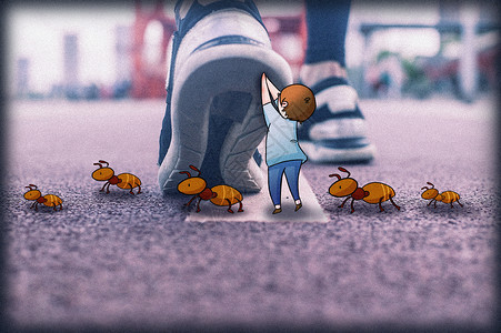 蚂蚁过马路创意摄影插画背景图片