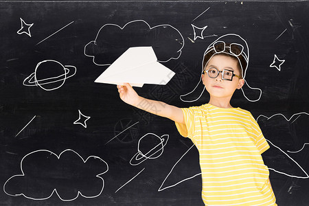 小男孩与纸飞机儿童想象力设计图片