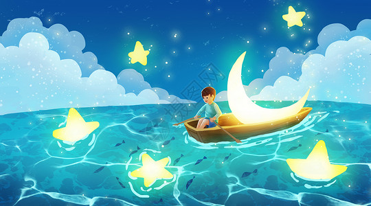 儿童划船捞月亮和星星的小男孩插画