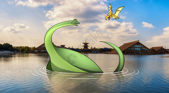 尼斯湖水怪恐龙侏罗纪创意摄影插画插画