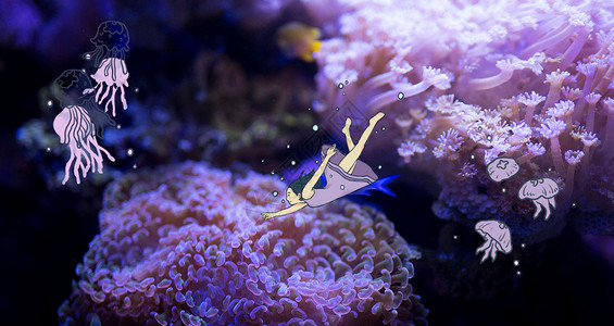 海底背景素材海底少女与水母插画