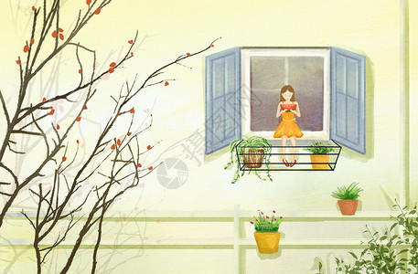 夏季女孩吃西瓜插画背景图片