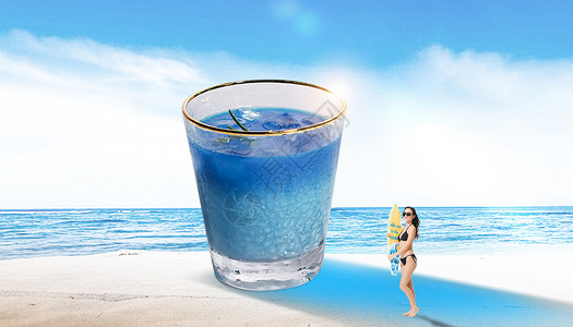 喝饮料的美女夏季创意潜水镜设计图片