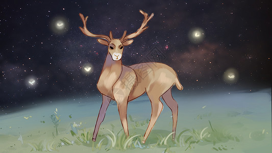 手绘星空下的鹿背景图片