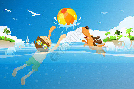 沙滩戏水夏季游泳插画