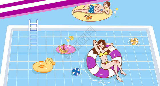 卡通比基尼情侣在游泳池的休闲时刻插画