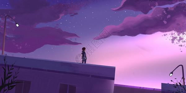 紫色房子夕阳傍晚插画插画