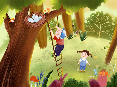 孩子爬树童年童趣掏鸟蛋插画