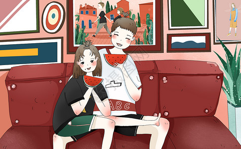 吃西瓜的情侣情侣插画