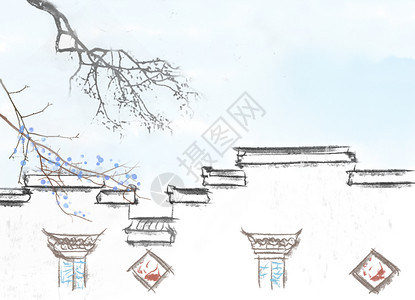 古镇园林中国风古建筑插画