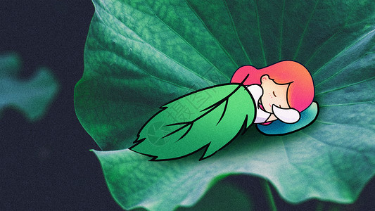 绿背景上的人物荷叶上睡觉的小女孩创意摄影插画插画