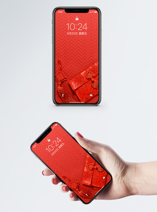 用手机抢新年红包的年轻男性中国风背景手机壁纸模板