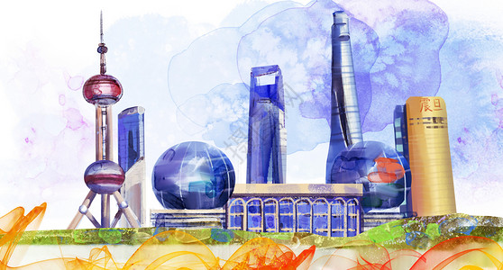 上海景色国际中国风建筑插画插画