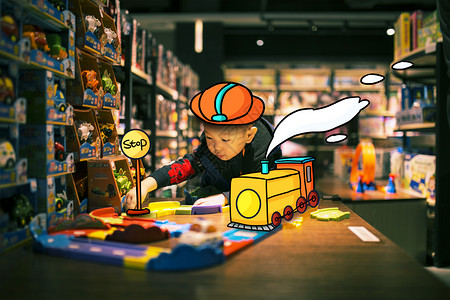 儿童游乐中心玩火车的小男孩创意摄影插画插画