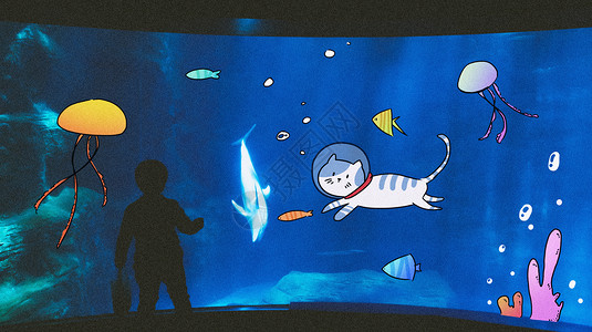 海游小猫抓鱼创意摄影插画插画