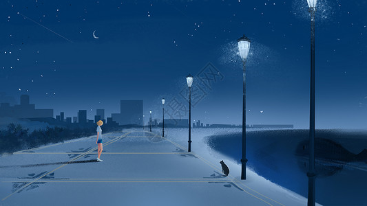 女孩城市夜晚的路灯插画