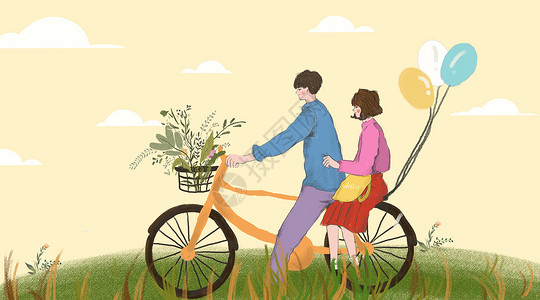 骑着单车的情侣情人节情侣插画