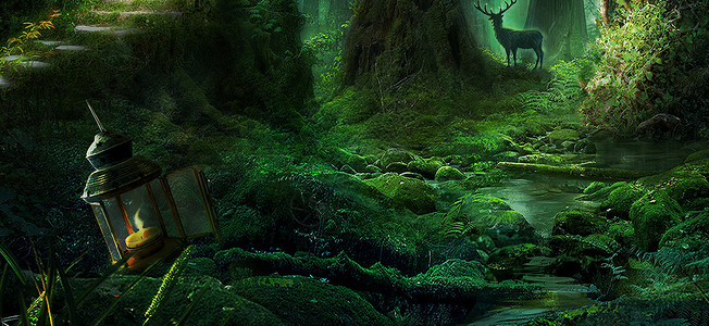 春天麋鹿与树梦幻森林场景设计图片