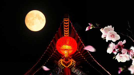 寺庙之夜中秋圆月设计图片