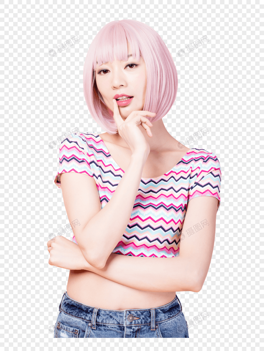 粉色假发时尚美女形象图片