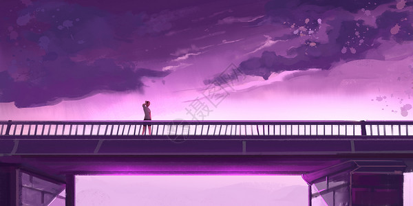 夕阳天桥唯美风景插画背景图片