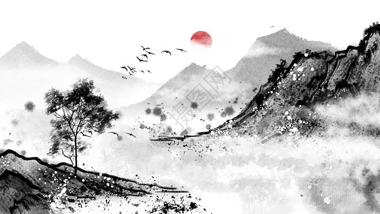 中国风黑白山水背景插画背景图片
