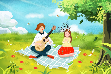 自然和音乐草地上弹吉他的情侣插画