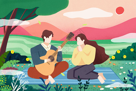 山水吉他素材大自然中的情侣插画
