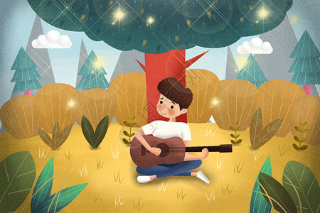 坐在树下的男孩图片坐在树下弹吉他的男孩插画