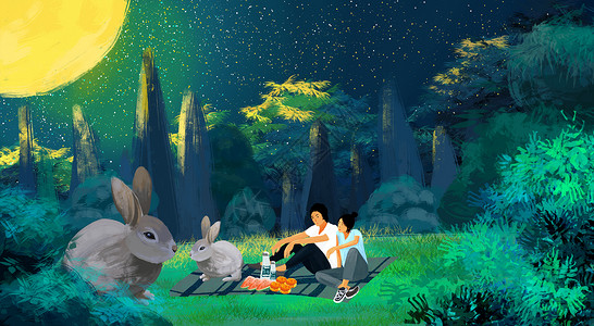 兔子和女孩儿中秋节插画