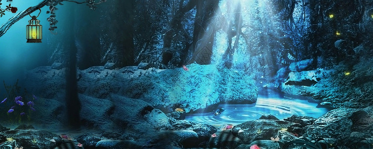 色彩瀑布梦幻森林场景设计图片