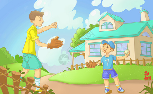 打棒球男孩卡通父子运动插画