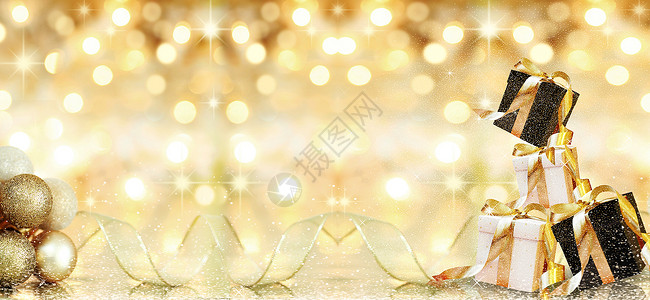 圣诞树下的礼物黑金礼盒背景设计图片
